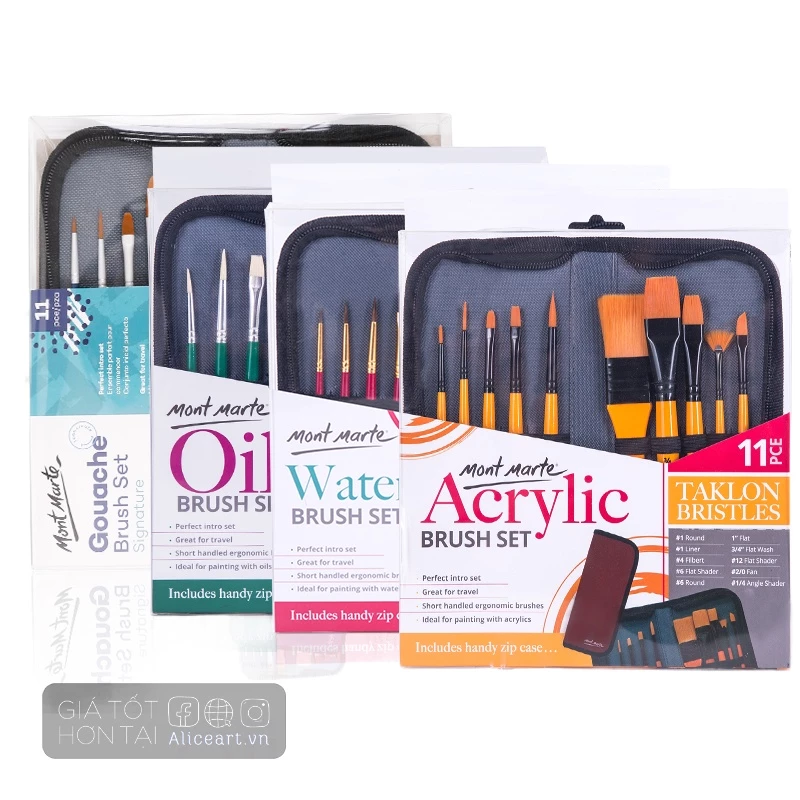 aa96af301fc9783617105e5f7fe24c93.webp SET CỌ KÈM TÚI VẢI - VÍ MONT MARTE ĐỂ VẼ MÀU NƯỚC, SƠN DẦU, ACRYLIC ( 11 CÂY ) NEW - Image 1
